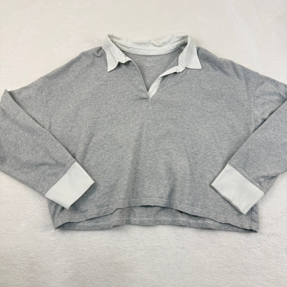 Aerie Rugby Long Sleeve Polo Shirt‎ Womens XL Gray White Cropped Preppy